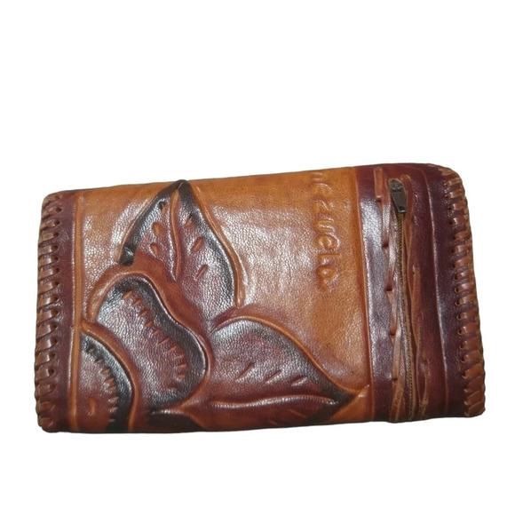 Handmade Tooled Embossed Leather Wallet 4  Compartments Brown Tan - Picture 4 of 5